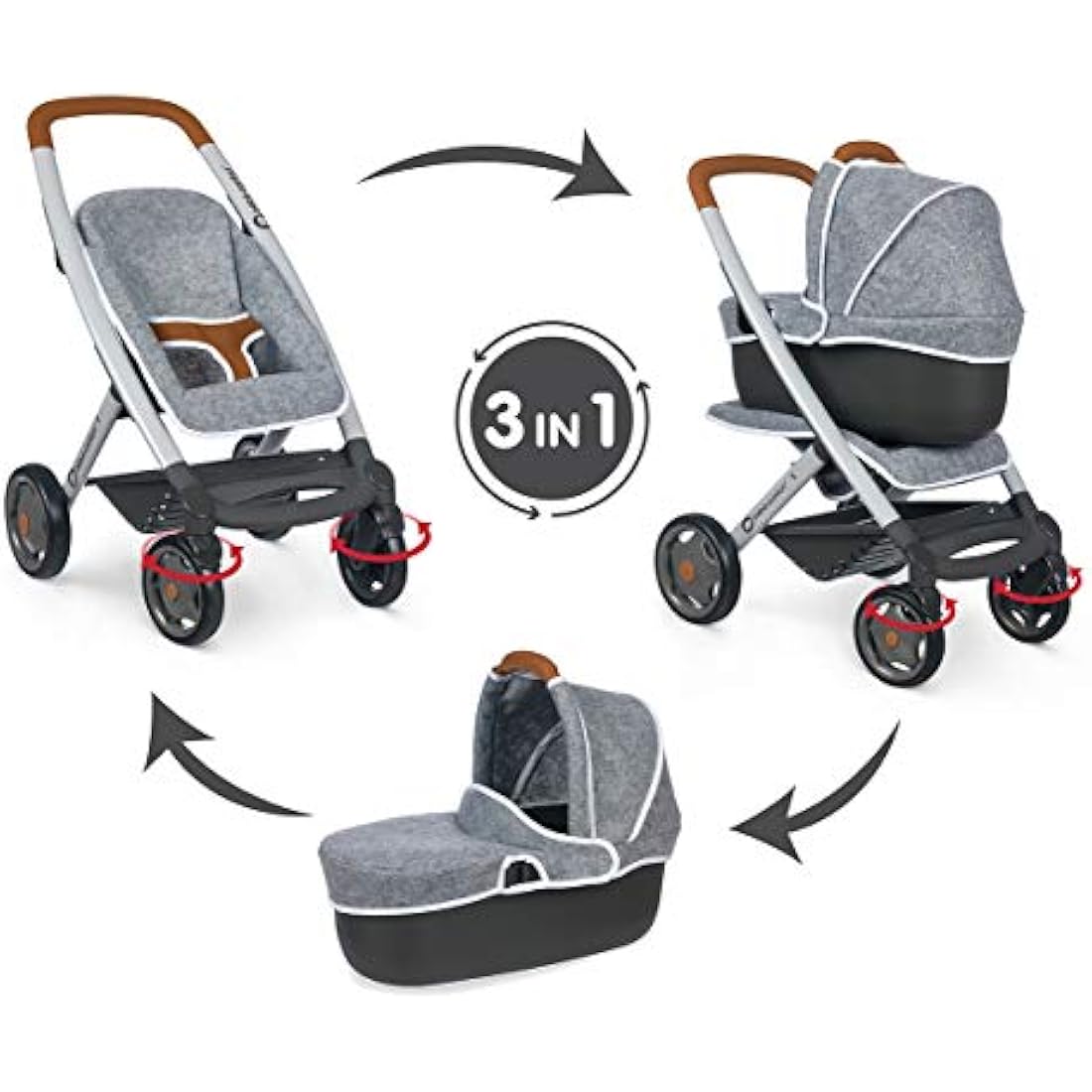 Smoby Bébé Confort 3-in-1 Doll Pushchair and Pram – Grey Toy Stroller