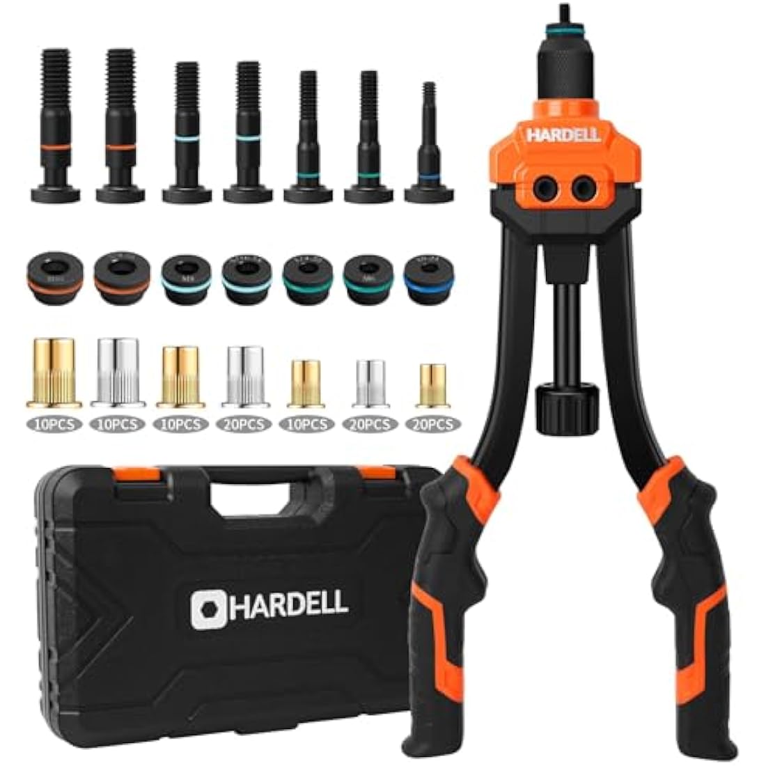 HARDELL 14" Rivet Nut Tool Kit | 7 Mandrels, 100 Rivnuts & Carrying Case