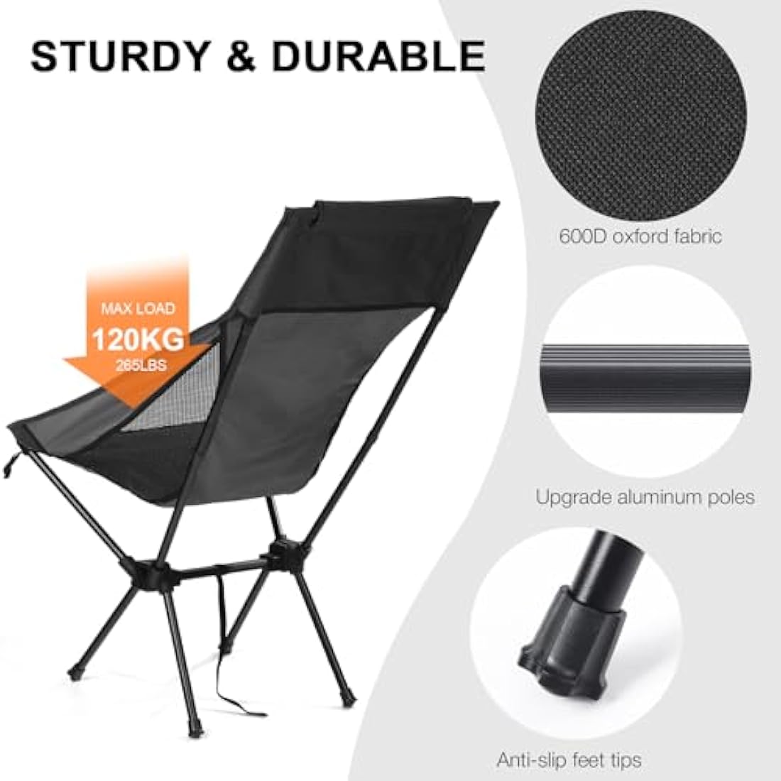 Lightweight Folding Camping Chair – 130kg Capacity, Black