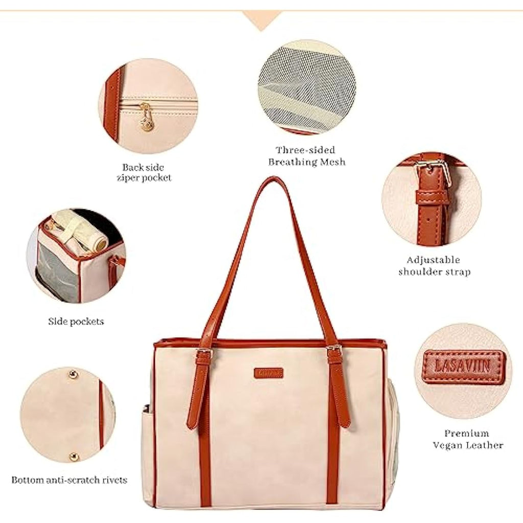 Lasaviin Vegan Leather Dog Purse | Airline Approved Pet Carrier - Beige
