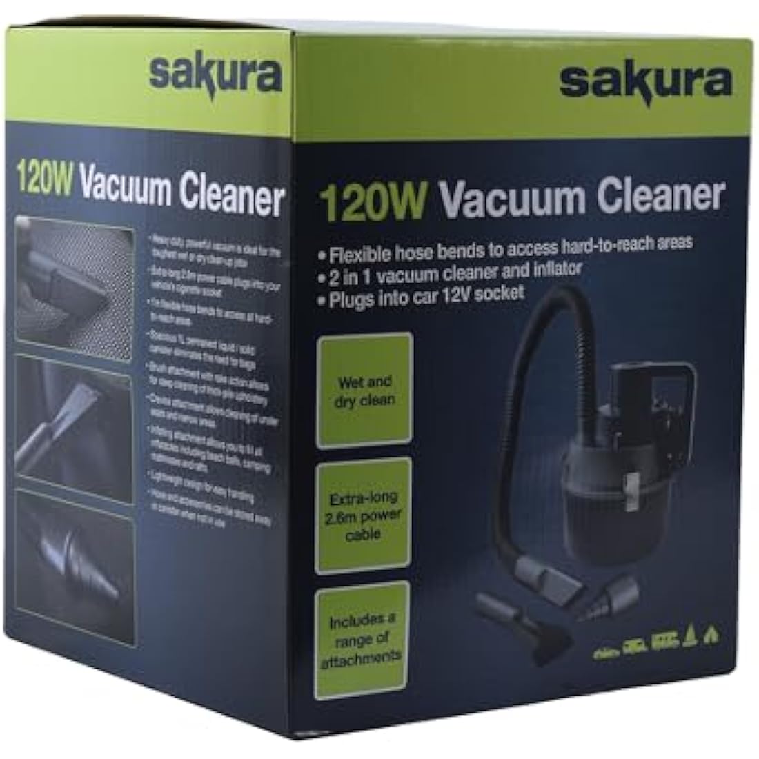 Sakura SS5311 120W Car Vacuum Cleaner & Inflator | Wet and Dry 12V