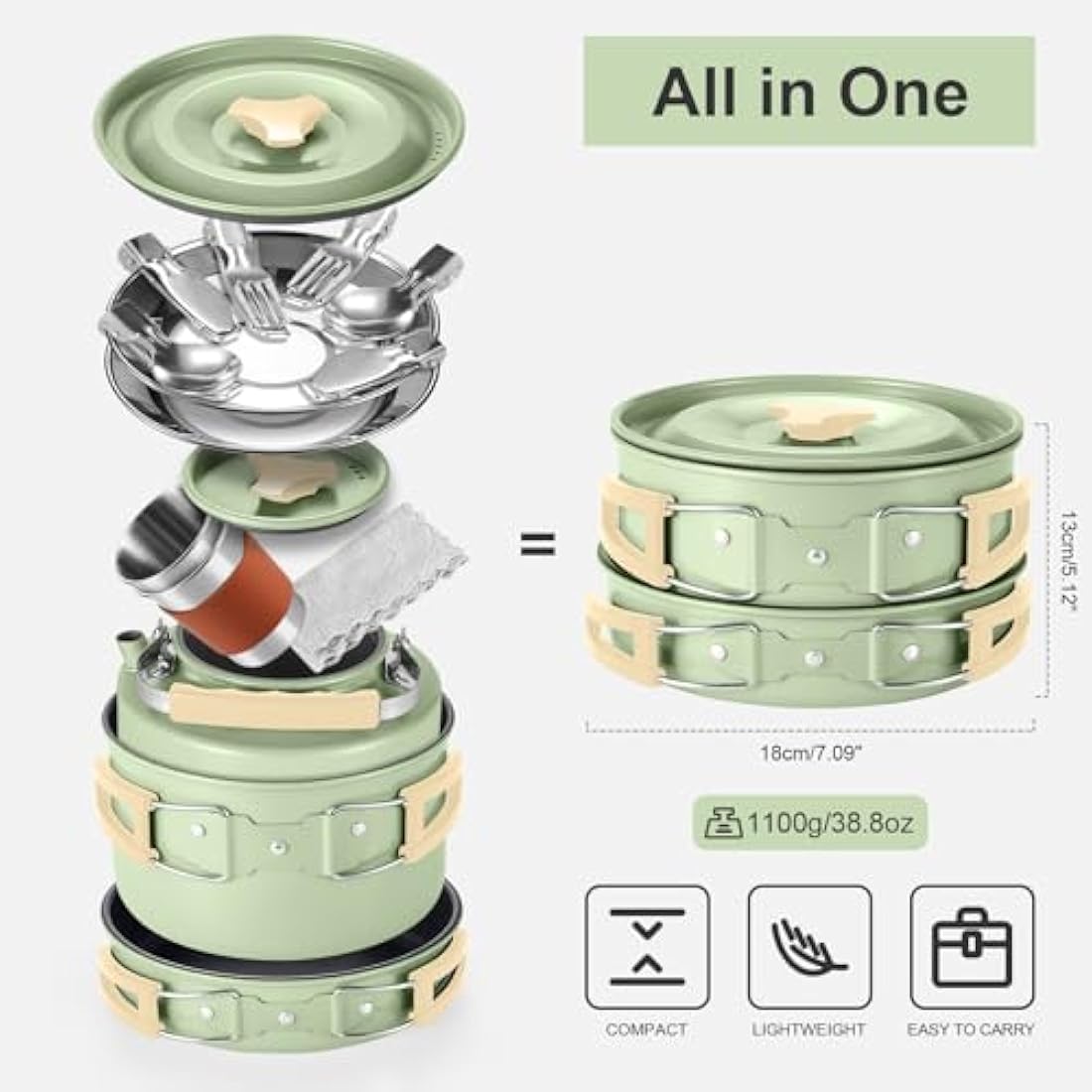 Odoland 15pcs Camping Cookware Mess Kit with Kettle and Utensils