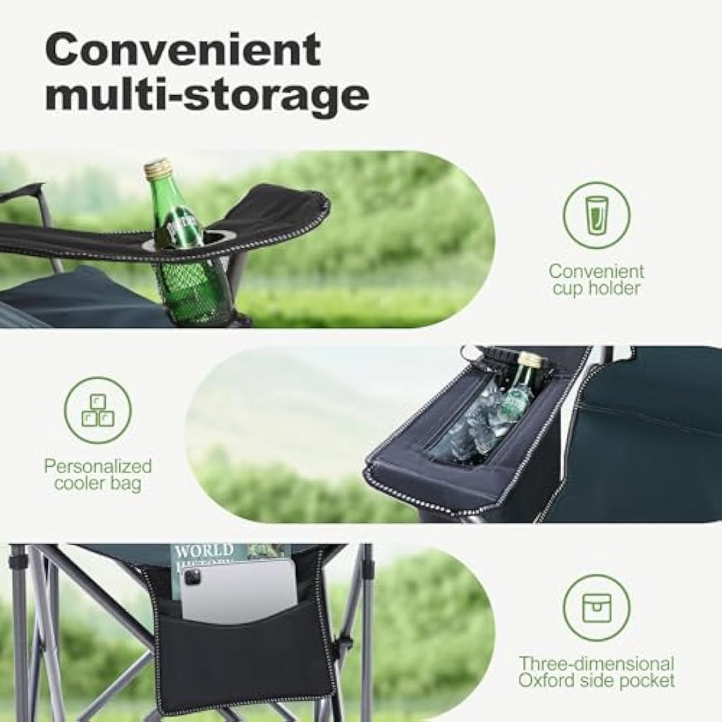 LET'S CAMP XXL Heavy Duty Padded Folding Chair with Cooler Bag – Green