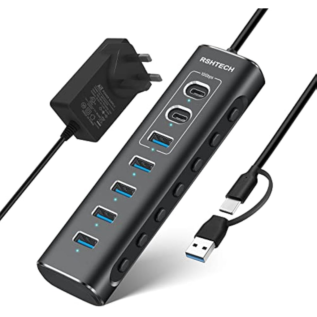 RSHTECH 7-Port Powered USB 3.1 Hub | 10Gbps Data Transfer & 24W Adapter