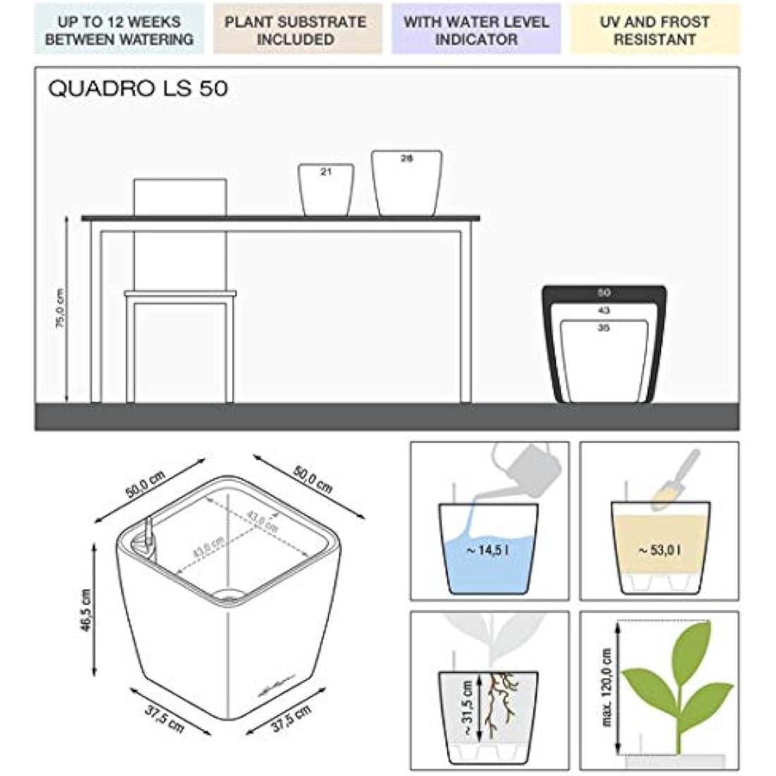 Lechuza Quadro Premium LS 50 Self-Watering Planter - Taupe High Gloss