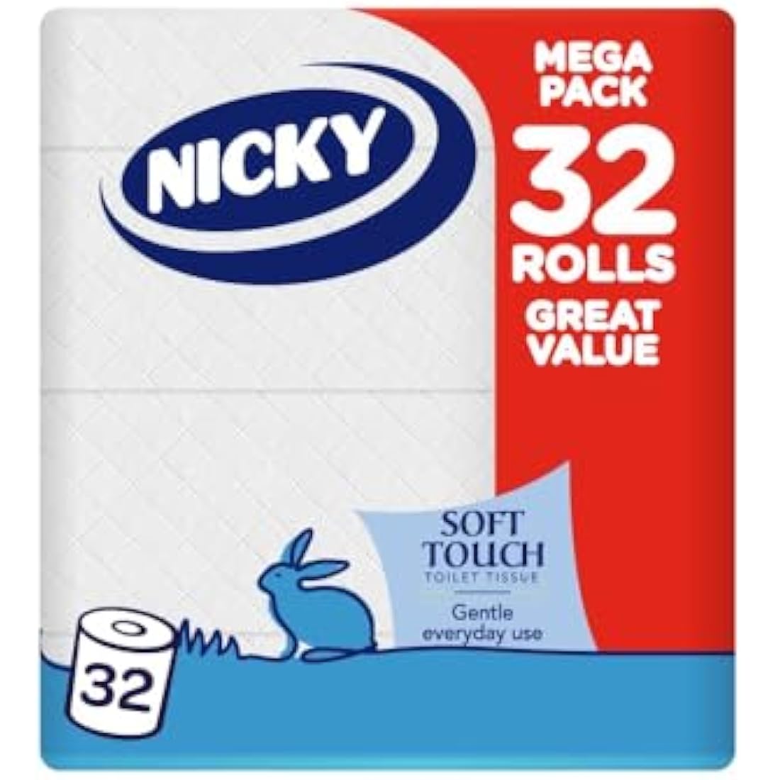 Nicky Soft Touch Toilet Tissue – 32 Rolls of 2-Ply White Paper