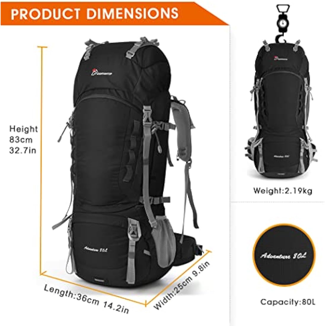 MOUNTAINTOP 80L Hiking Backpack – Waterproof Nylon Trekking Rucksack