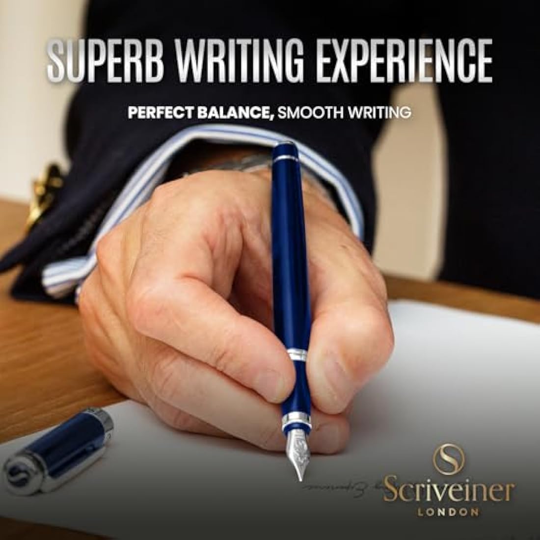 Scriveiner Blue Lacquer Fountain Pen – Fine Schmidt Nib, Chrome Finish