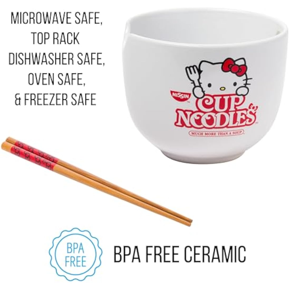 Hello Kitty Cup Noodles Ceramic Ramen Bowl with Chopsticks, 20oz