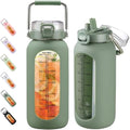 BLUEGO 2L Glass Water Bottle with Time Marker and Stainless Handle