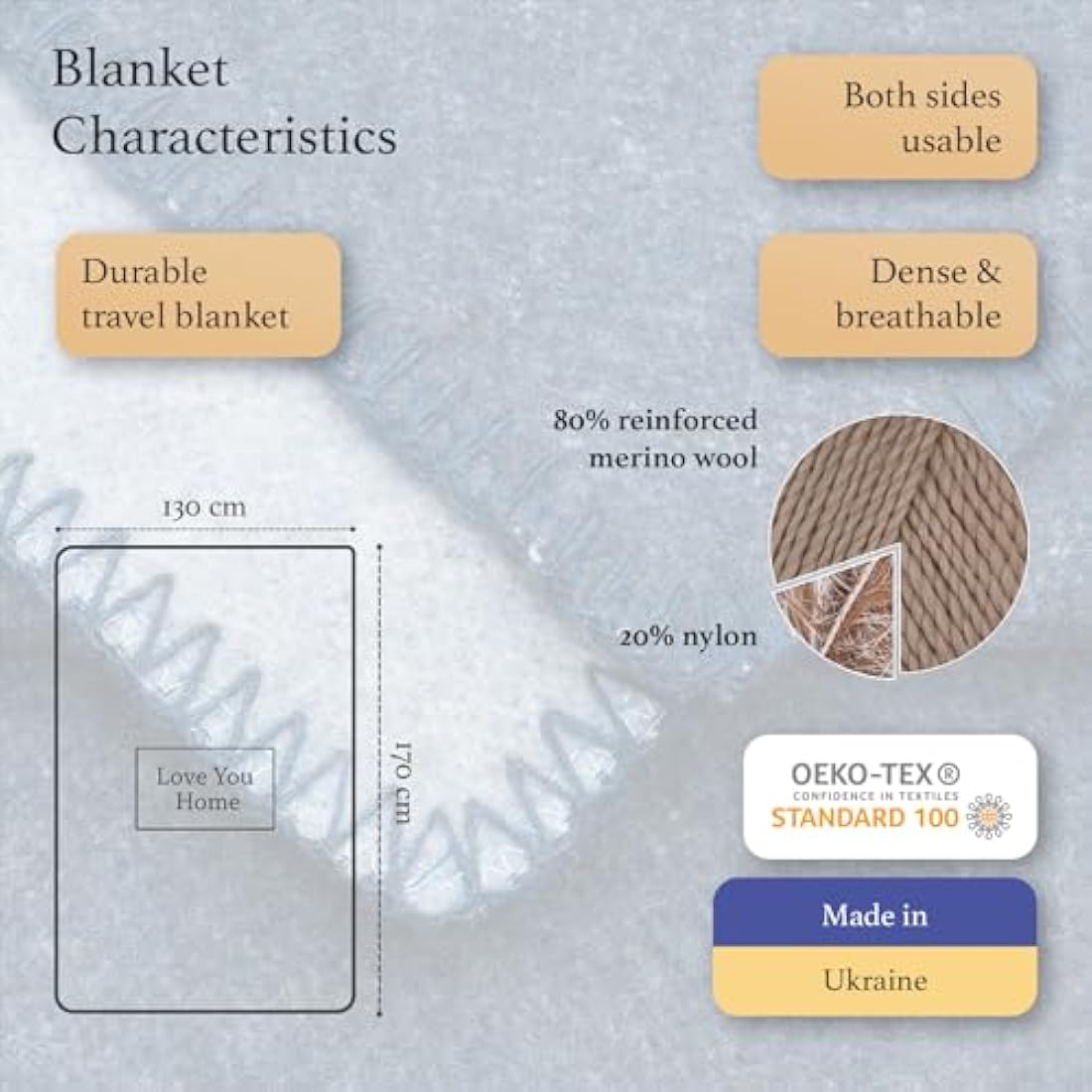 LYHome Merino Wool Travel Blanket – Warm Outdoor Camping Throw, Blue