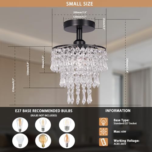 FRIXCHUR Mini Crystal Chandelier – 3-Tier Black Flush Mount Ceiling Light