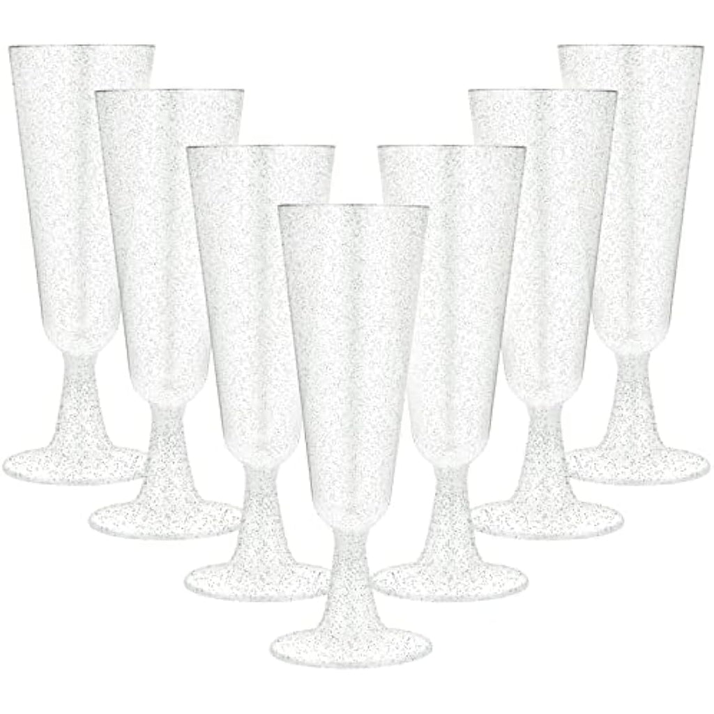 JMIATRY 100 Pcs Plastic Champagne Flutes – 5.6oz Shatterproof Silver Glitter