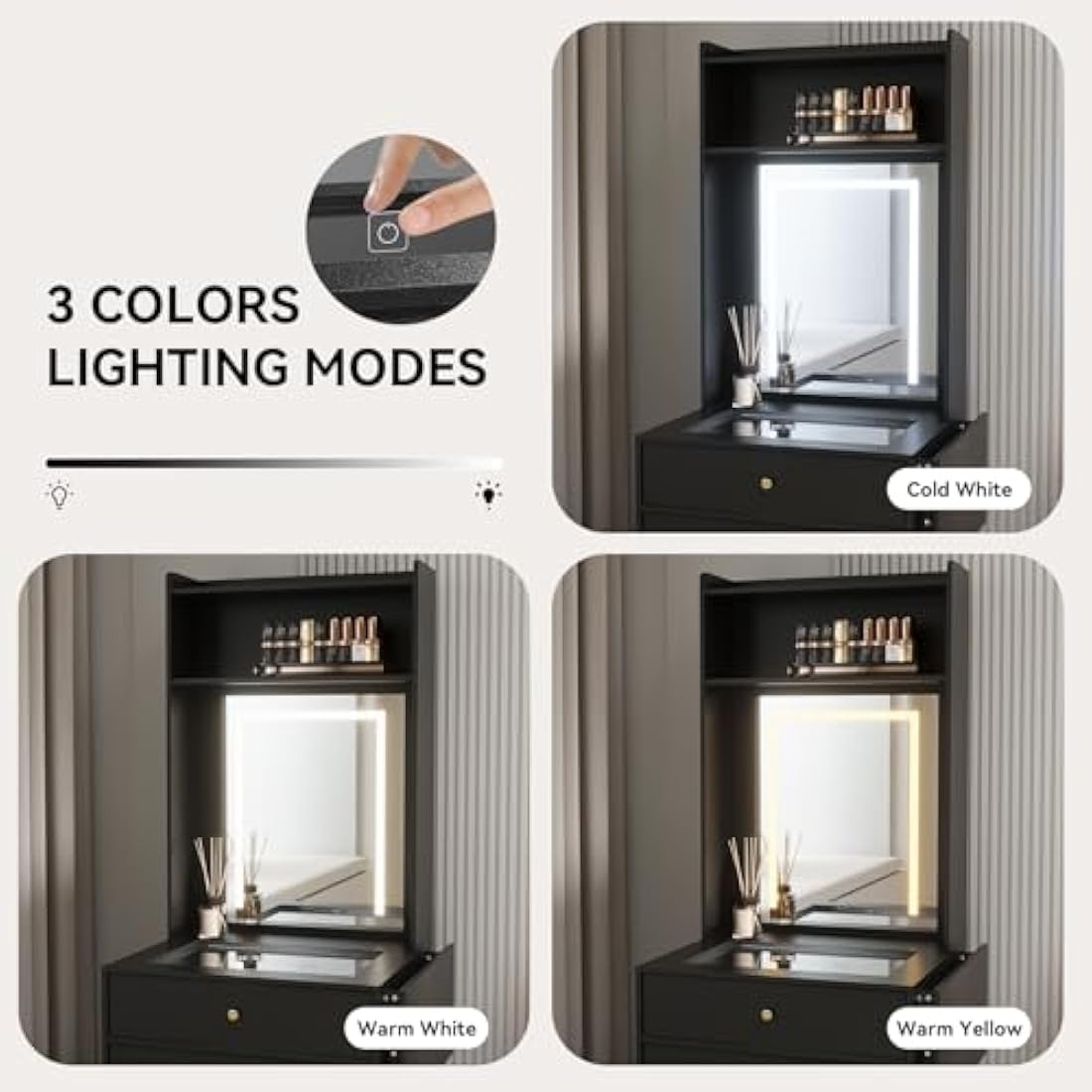 Dressing Table with LED Mirror – Black Glass Makeup Desk