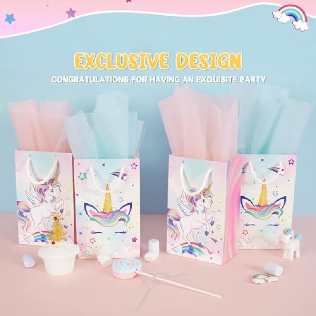 WERNNSAI Unicorn Party Favor Bags - 16PCS Rainbow Gift Bags with Handles