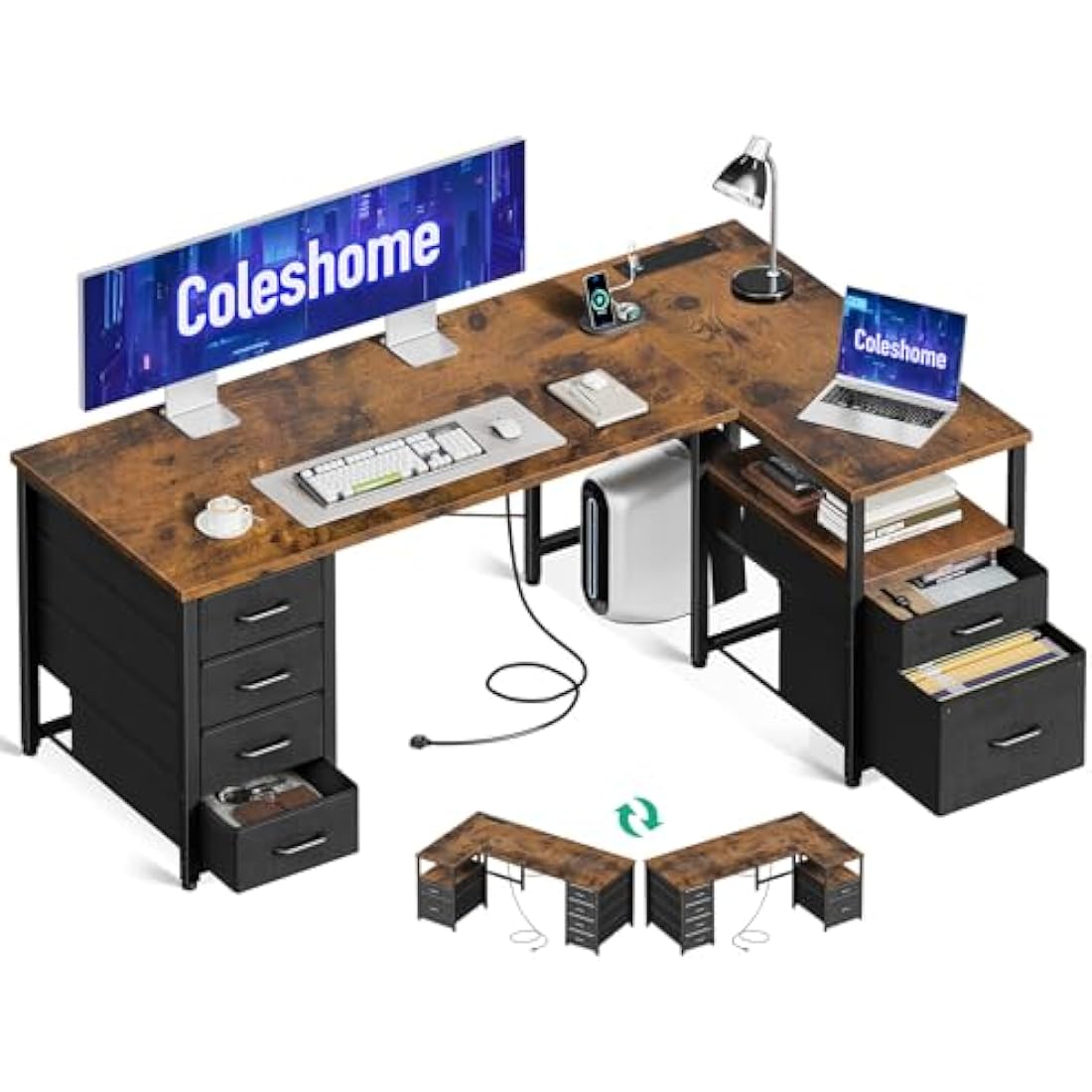 L-Shaped Computer Desk with Drawers and Power Outlet