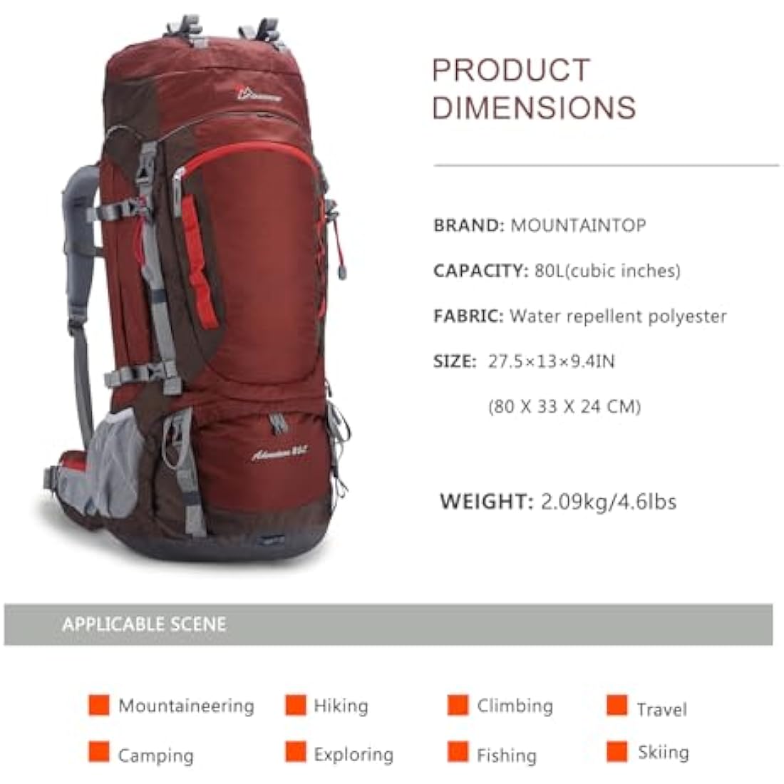 MOUNTAINTOP 80L Hiking Backpack – Waterproof Nylon Trekking Rucksack