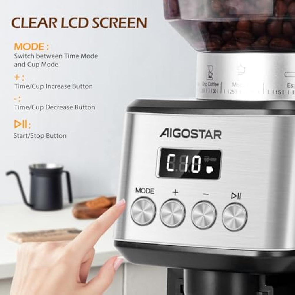 Aigostar Conical Burr Coffee Grinder – 52 Precise Settings for Espresso