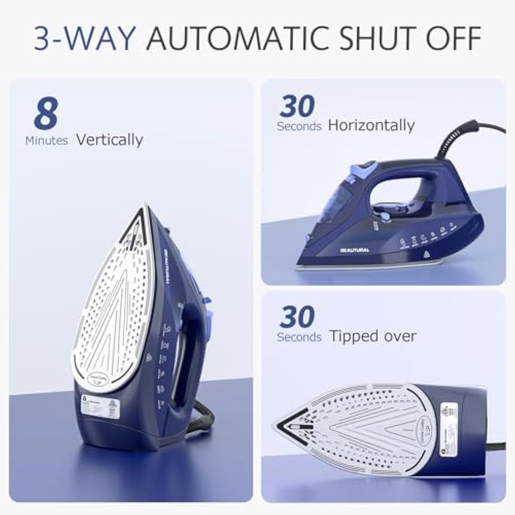 Beautural 2800W Steam Iron – Ceramic Soleplate & Auto-Off, Blue
