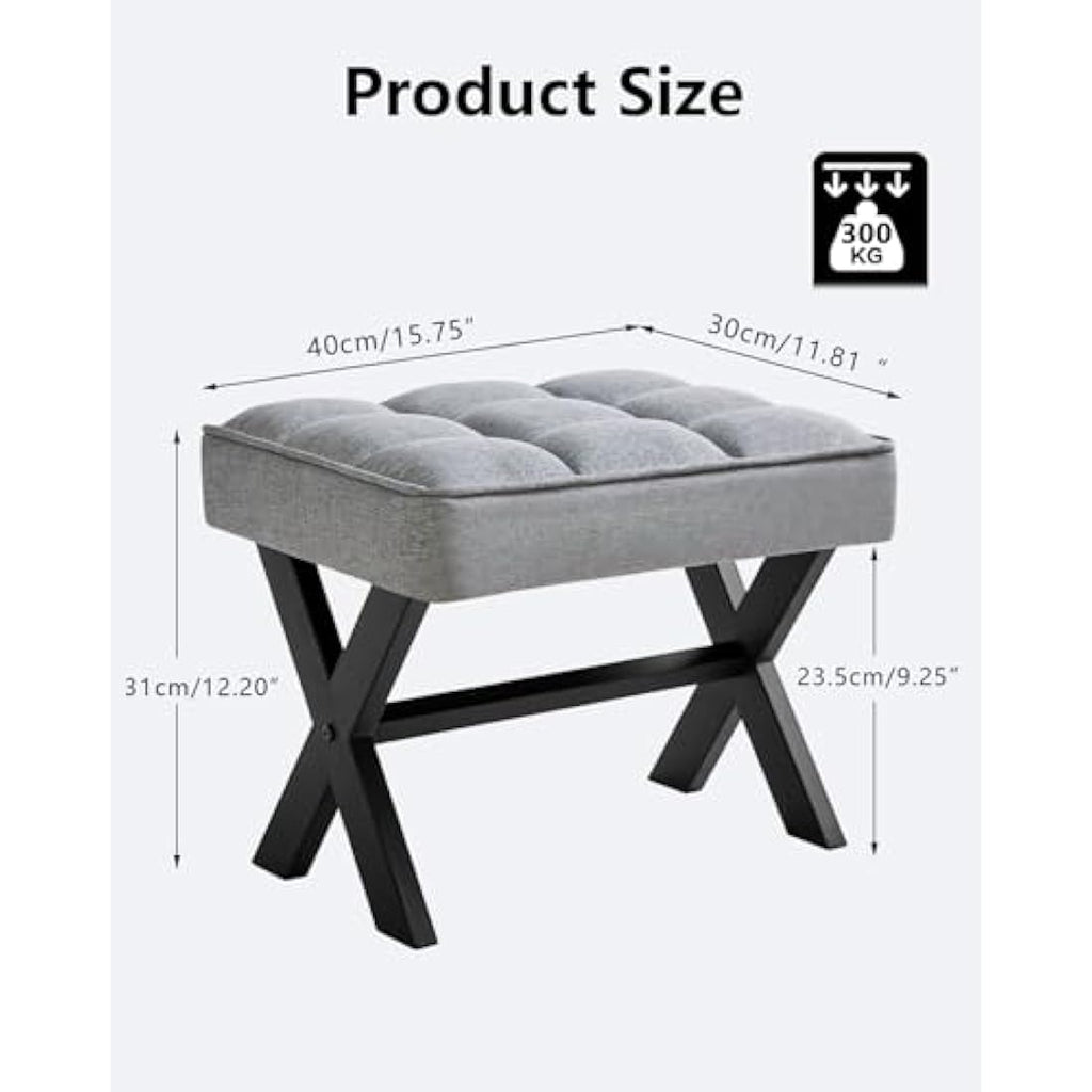 IBUYKE Small Square Linen Footrest Stool | Modern Metal X-Leg Vanity Seat