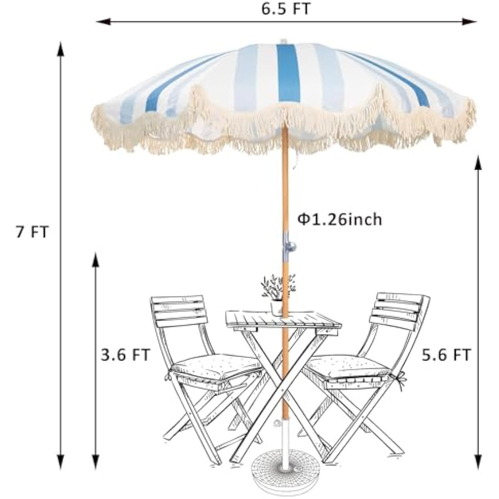 Mansader 2M Wood Garden Parasol | Boho Tassel Patio Umbrella UPF 50+
