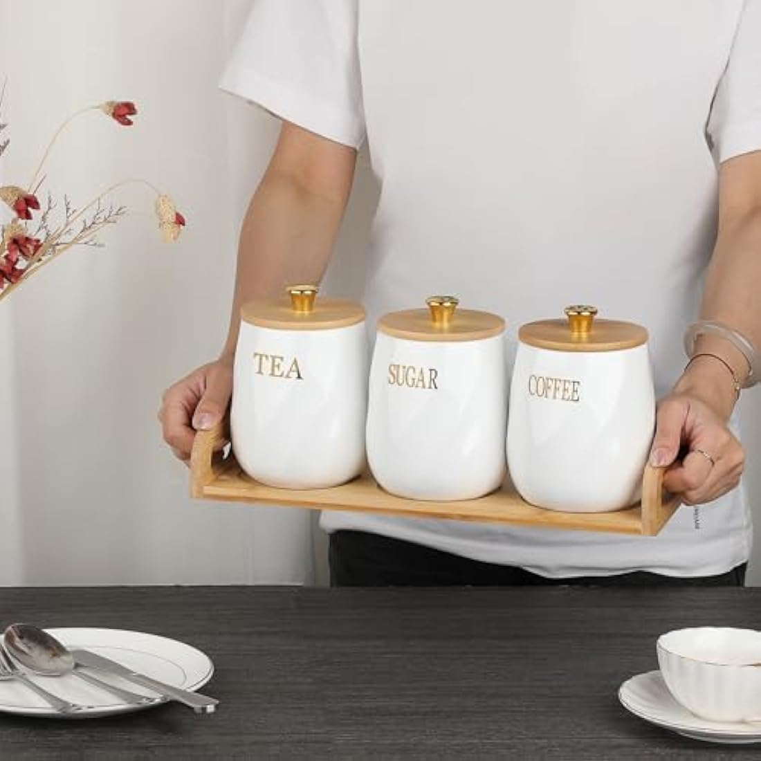 Jolof Store Ceramic Kitchen Canisters - 3pc Airtight Food Jars with Tray