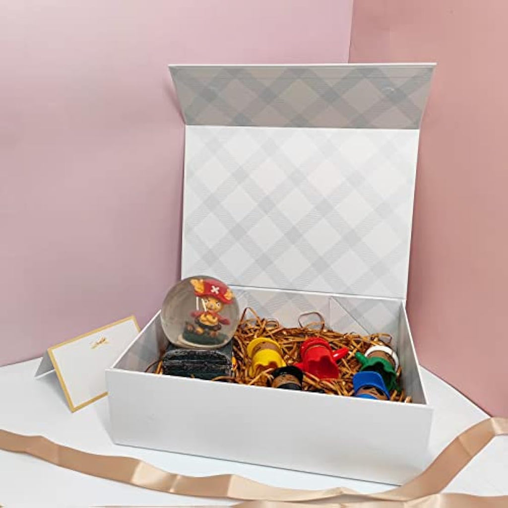 Tekhoho White Magnetic Gift Box with Ribbon and Plaid Lining – 33x24x10cm