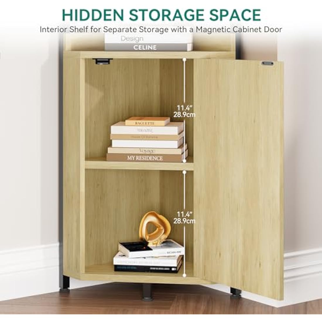 YITAHOME 4-Tier Industrial Corner Shelf with Cabinet | Oak Wood & Metal