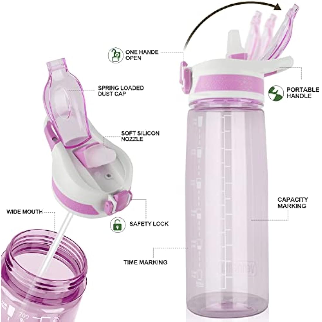 VENNERLI 800ml Tritan Sports Water Bottle with Straw and Time Marking