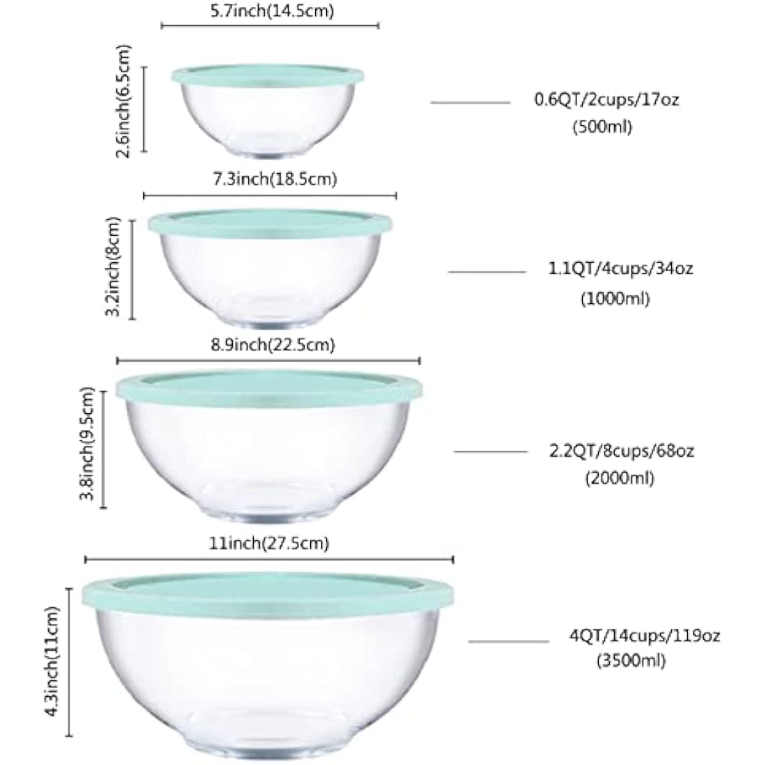 Homwin 8-Piece Borosilicate Glass Mixing Bowls with Airtight Lids Set
