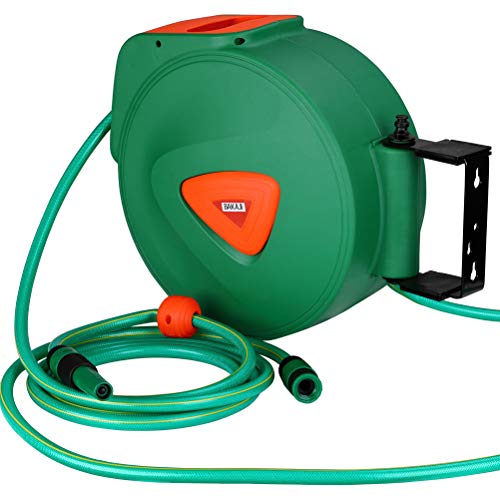 BAKAJI Automatic Garden Hose Reel | 20m Wall Mount 180° Swivel PVC
