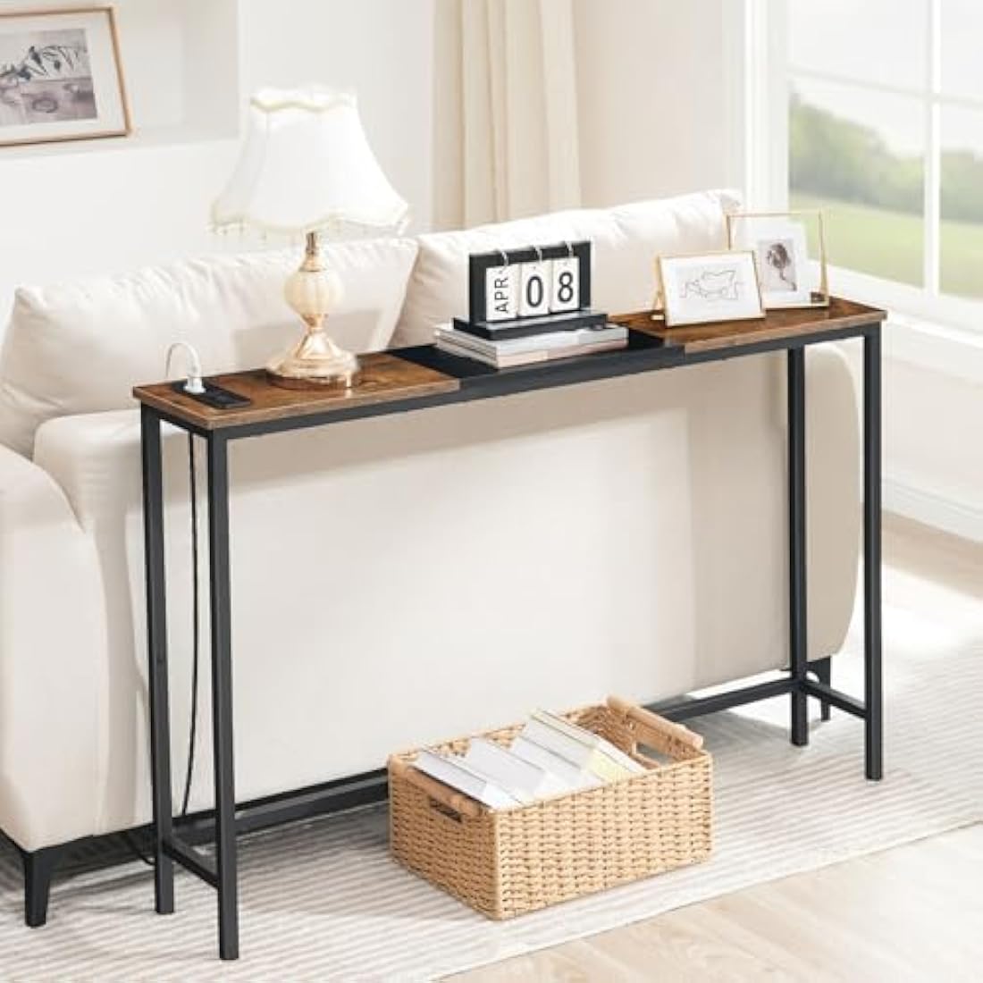 HOOBRO Slim Console Table with Charging Station | Rustic Brown and Black