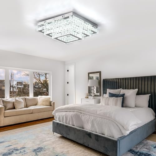 Finktonglan 15” Square Crystal LED Flush Mount Ceiling Light – 6500K