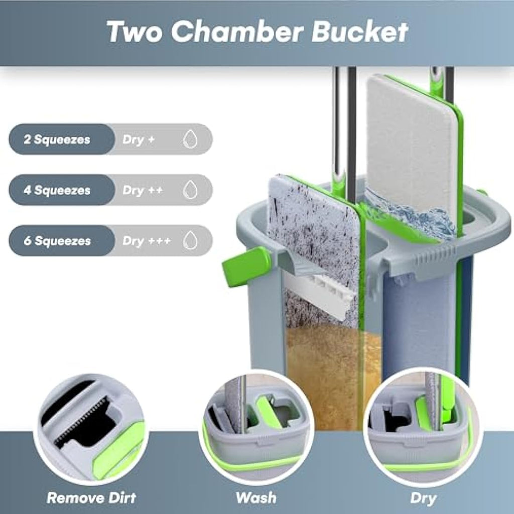 Flat Mop and Bucket Set | 2 Microfibre Pads | Green