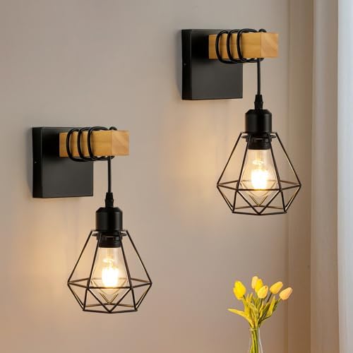 FORCOSO Industrial Wood Wall Sconce 2-Pack | Vintage Black E27 Lamp