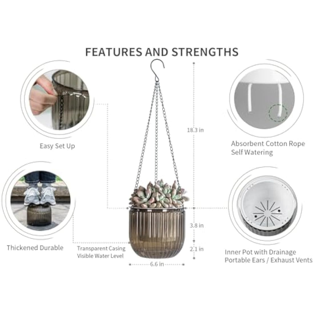 6.5" Self Watering Hanging Planters - 2 Pcs Clear PET Pots
