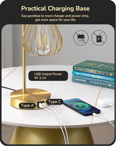 EDISHINE Industrial Bedside Lamps Set of 2 | Dimmable Touch Control Gold