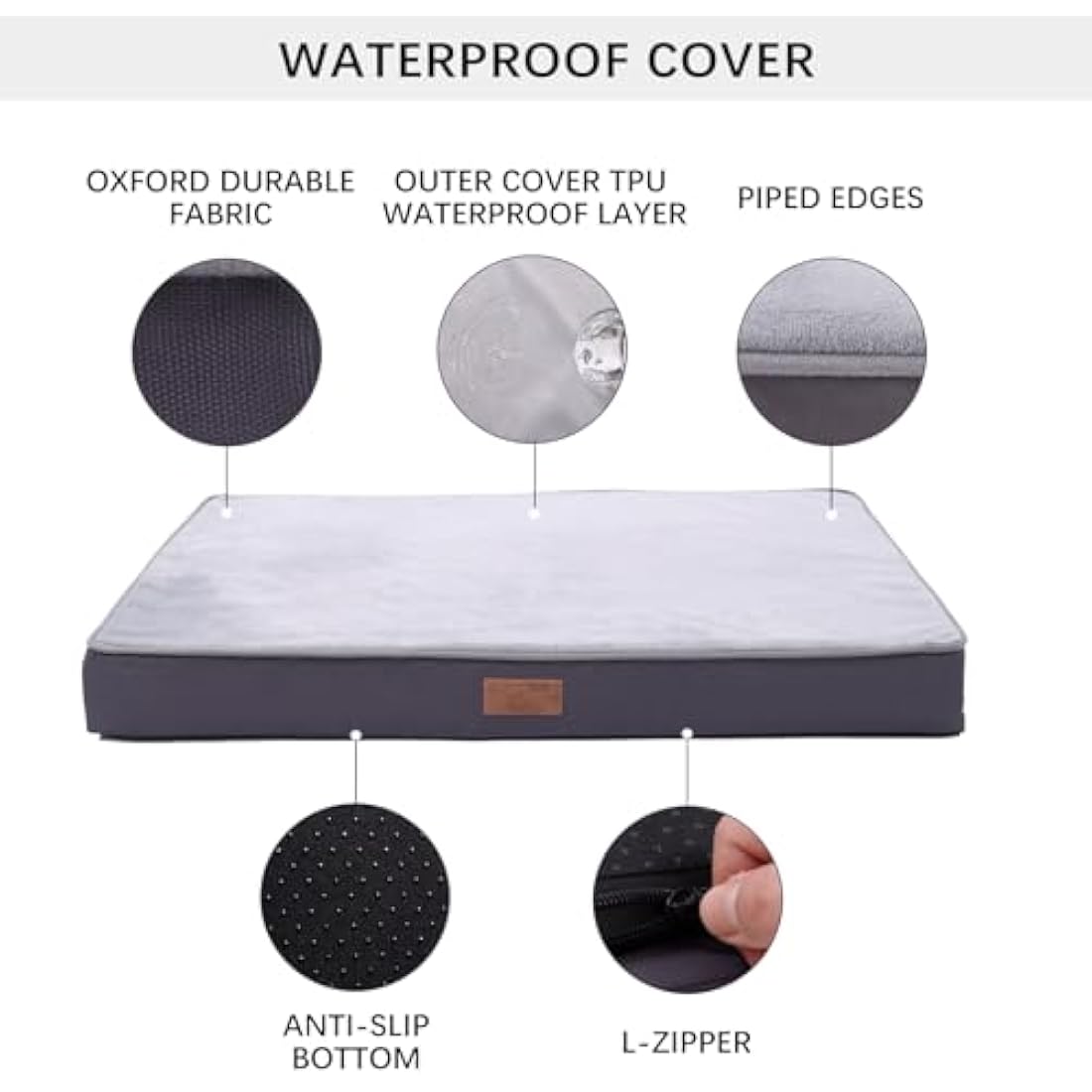 Jaspuriea Orthopedic Dog Bed – Waterproof Washable Crate Mattress, Grey