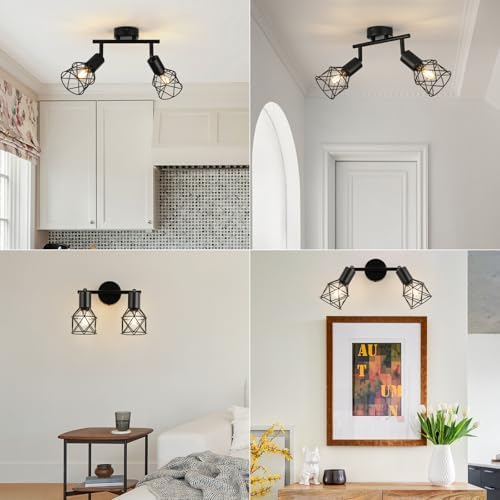 FORCOSO 2-Way Industrial Ceiling Spotlight | Black Metal Wire Cage Lamp