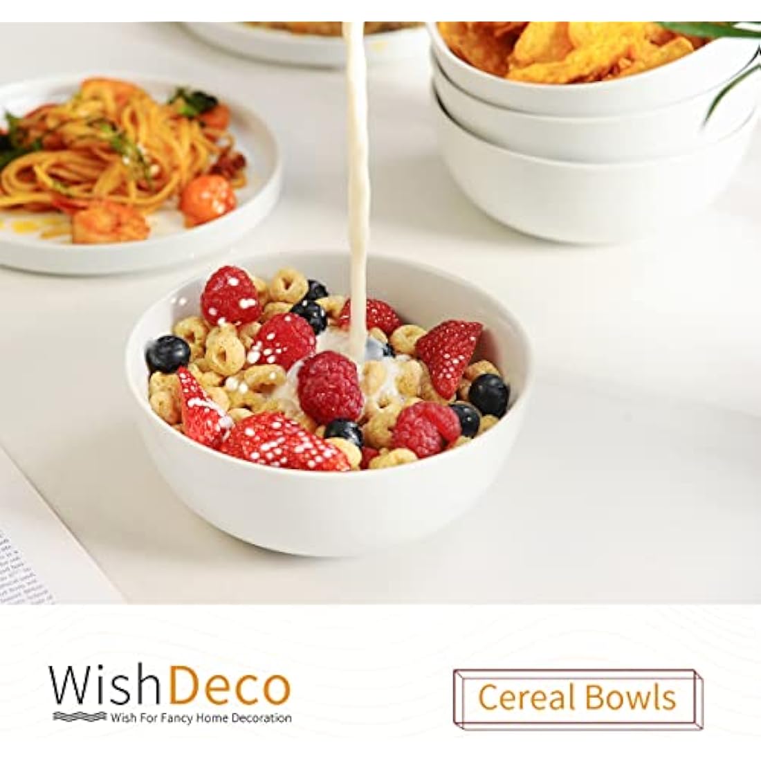WishDeco White Ceramic Cereal Bowls – 600ml Soup & Salad Set of 4