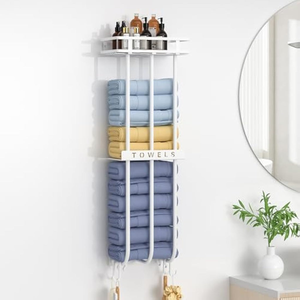 Wall Mounted Towel Rack with Shelf and 4 Hooks – White Metal