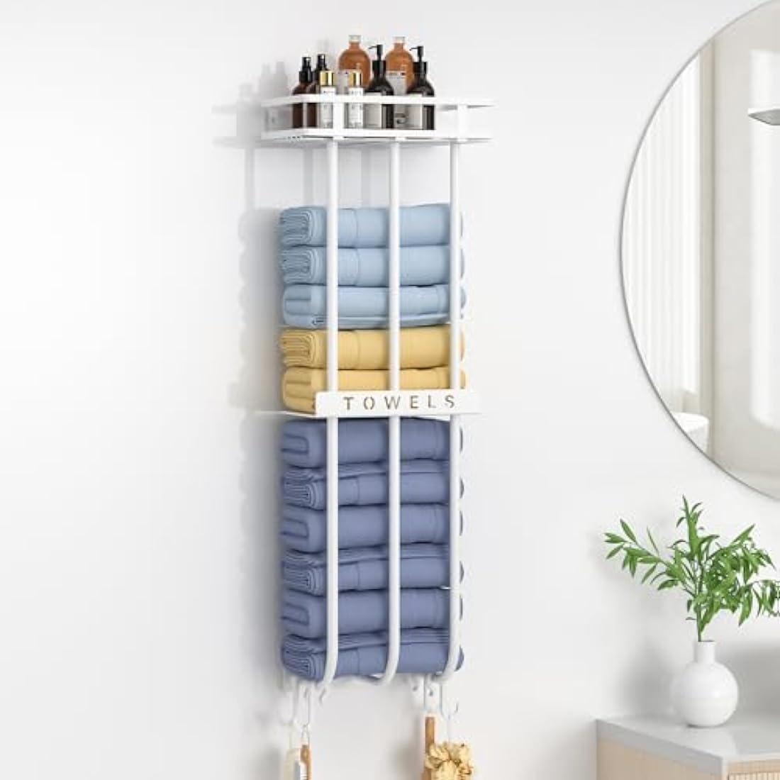 Wall Mounted Towel Rack with Shelf and 4 Hooks – White Metal