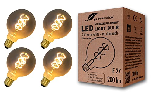 greenandco E27 G95 Vintage LED Filament Bulb – 1800K Warm White, 4-Pack