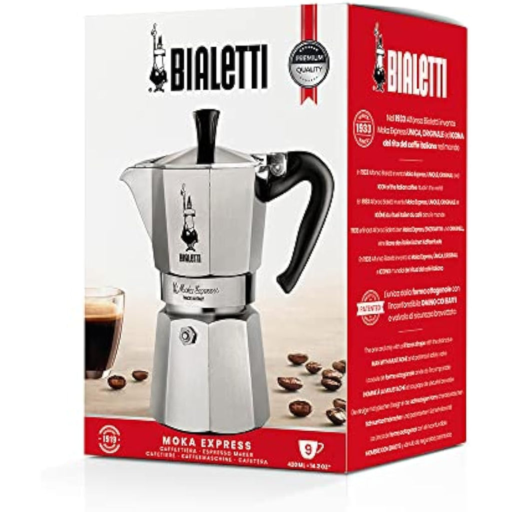 Bialetti Moka Express 9-Cup Stovetop Coffee Maker | Silver Aluminium
