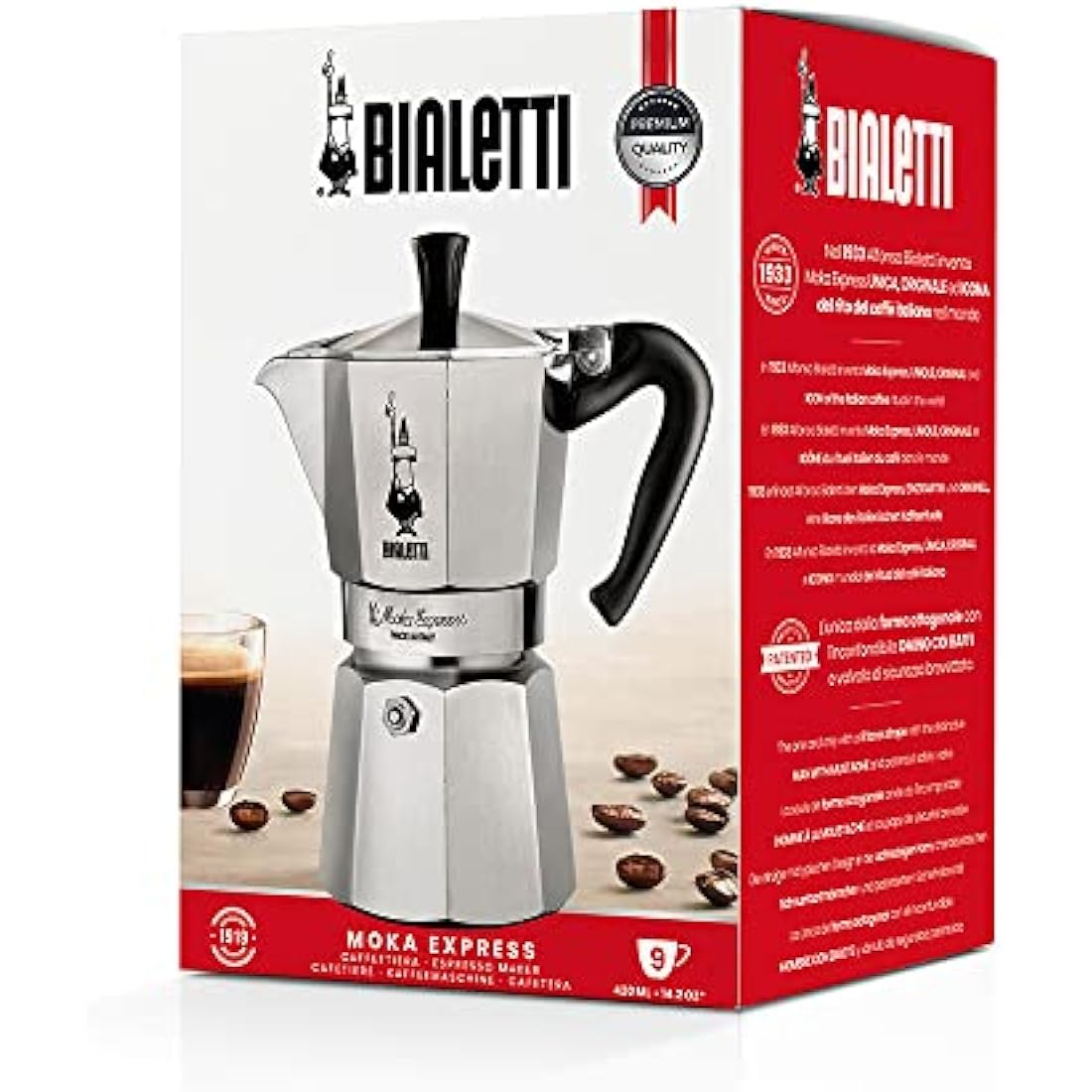 Bialetti Moka Express 9-Cup Stovetop Coffee Maker | Silver Aluminium