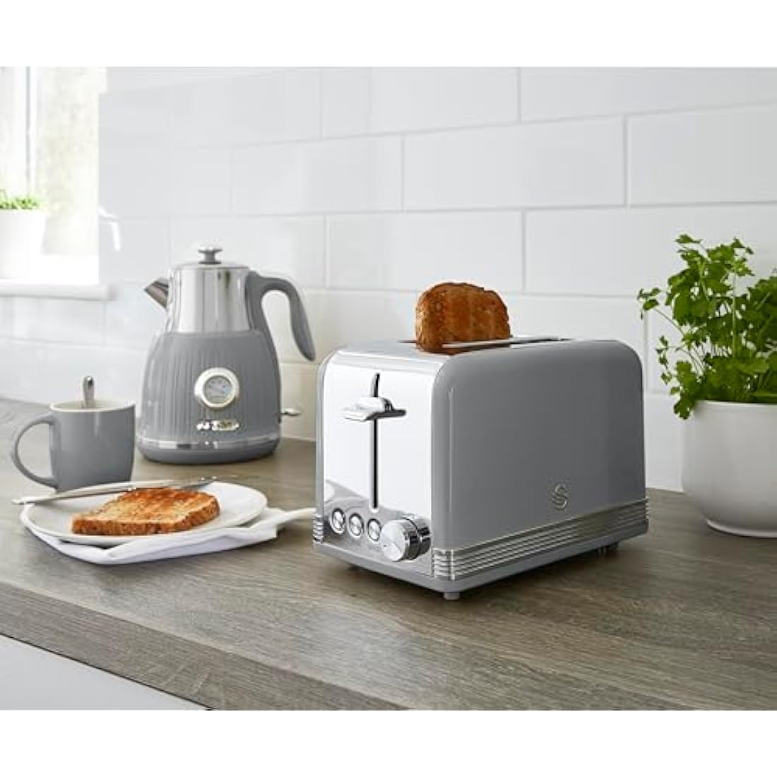 Swan Retro 2-Slice Toaster – 815W Grey Kitchen Toaster with 6 Levels