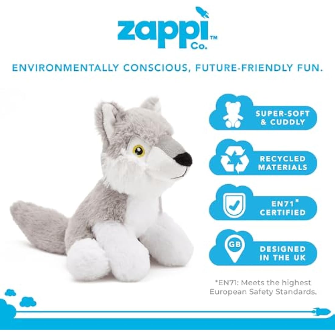 Zappi Co Wolf Plush Toy – 22cm Ultra Soft Recycled Eco-Friendly Stuffed Animal