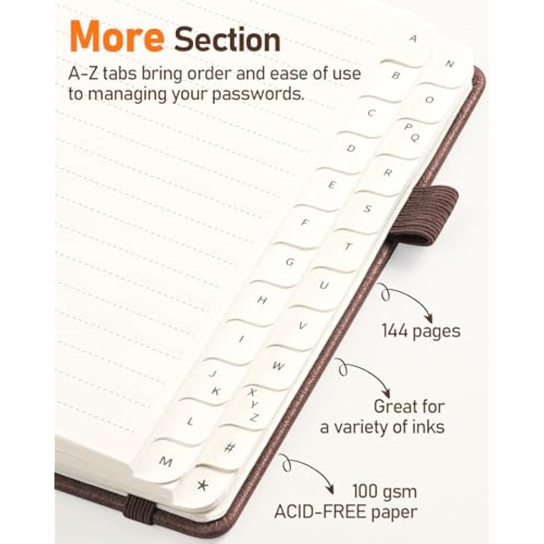 WEMATE Spiral Password Book with Alphabetical Tabs - Brown Hardcover
