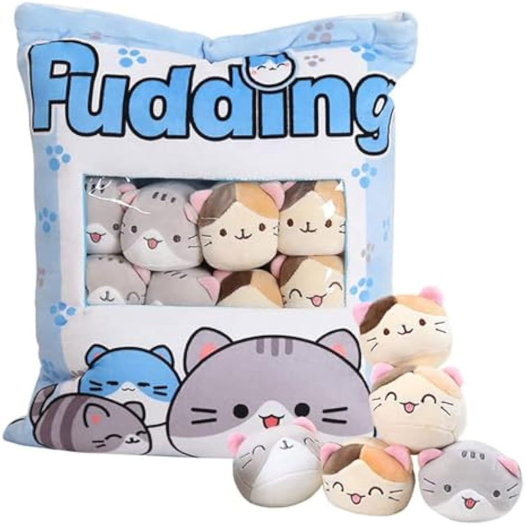 Cat Snack Pillow – Kawaii Plush with 8 Removable Kitty Dolls