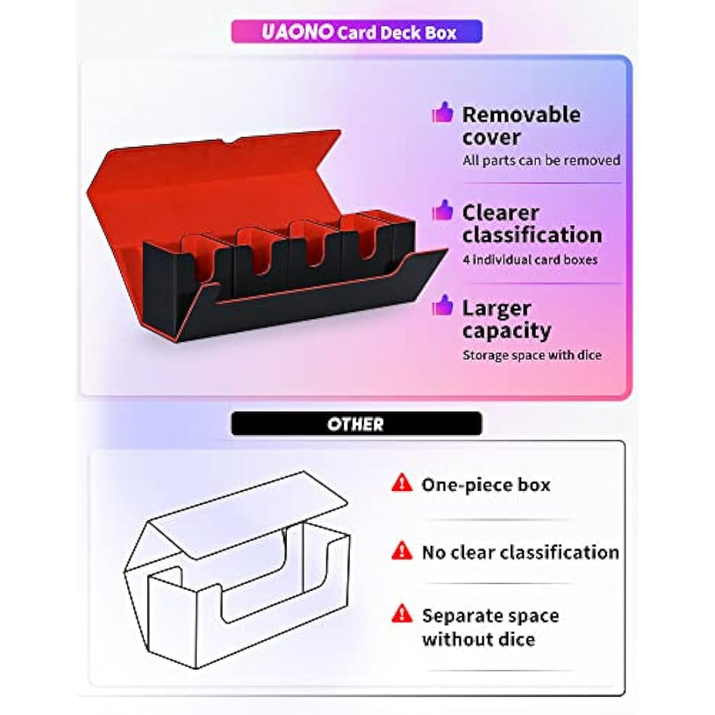 UAONO 5-in-1 Card Deck Storage Box with Dice Tray for MTG TCG - Black & Red